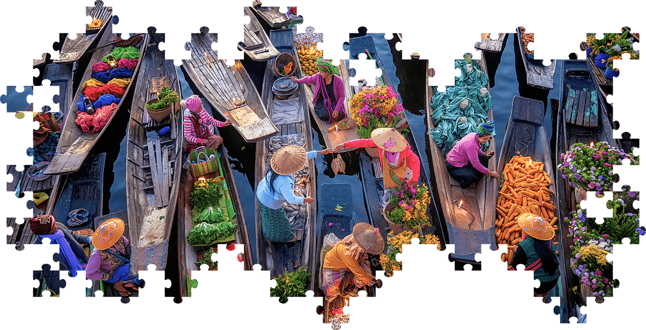 Image of Inle floating market in Myanmar. Merchants in traditional attire navigate boats laden with goods.